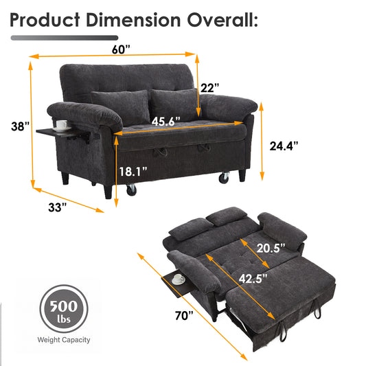 XANDERO 60" Chenille Sofa Bed, Loveseat Sleeper Sofa with Pull-Out Bed, USB Charging & Folding Table, Black