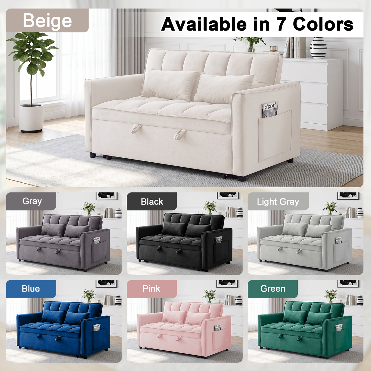 XANDERO 55" Velvet 3-in-1 Convertible Sleeper Sofa, Beige