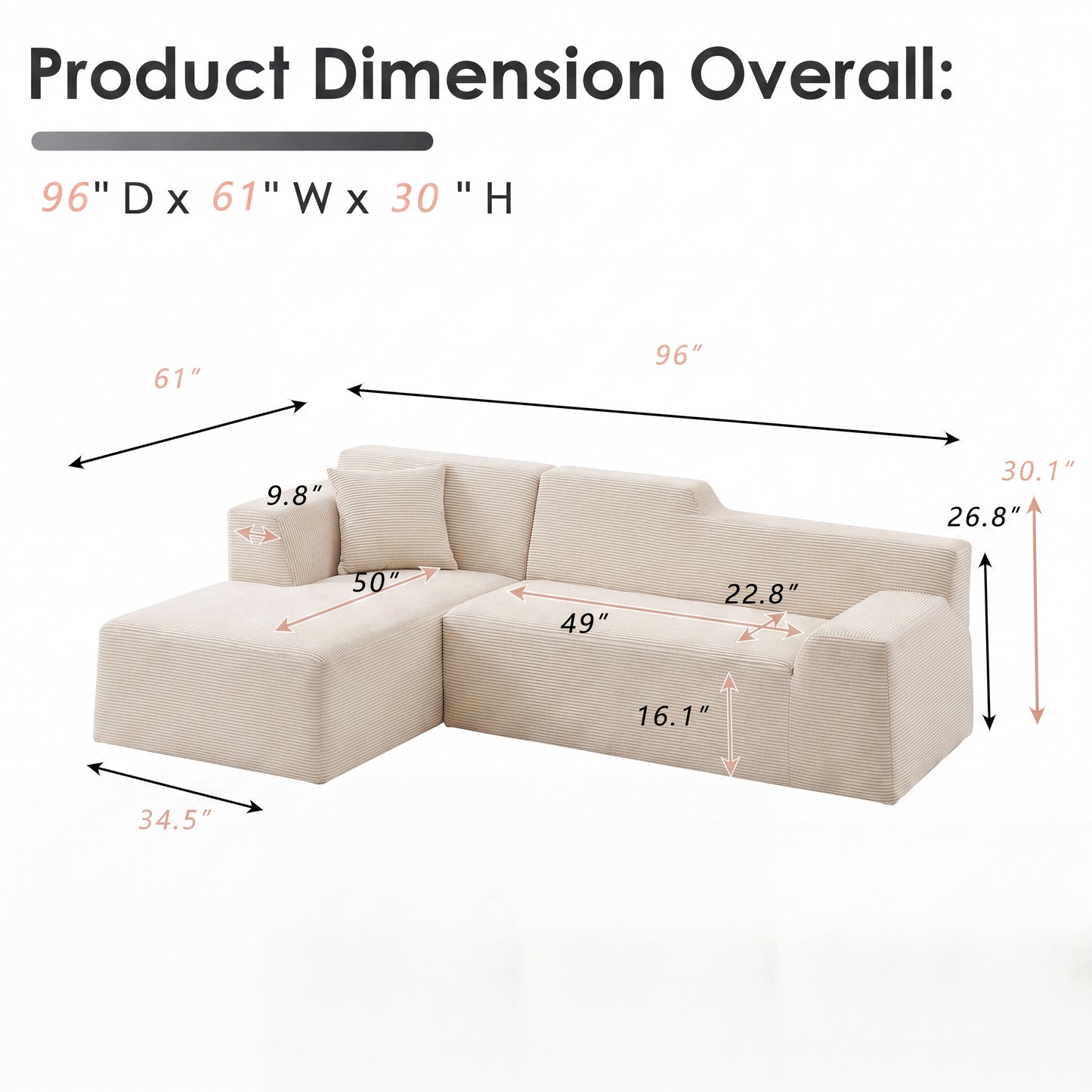 XANDERO 96" Modular Sectional Couch, Corduroy Boneless Sofa,Deep Seat Boneless Couches for Living Room, No Assembly Required, Left Facing Chaise, Beige