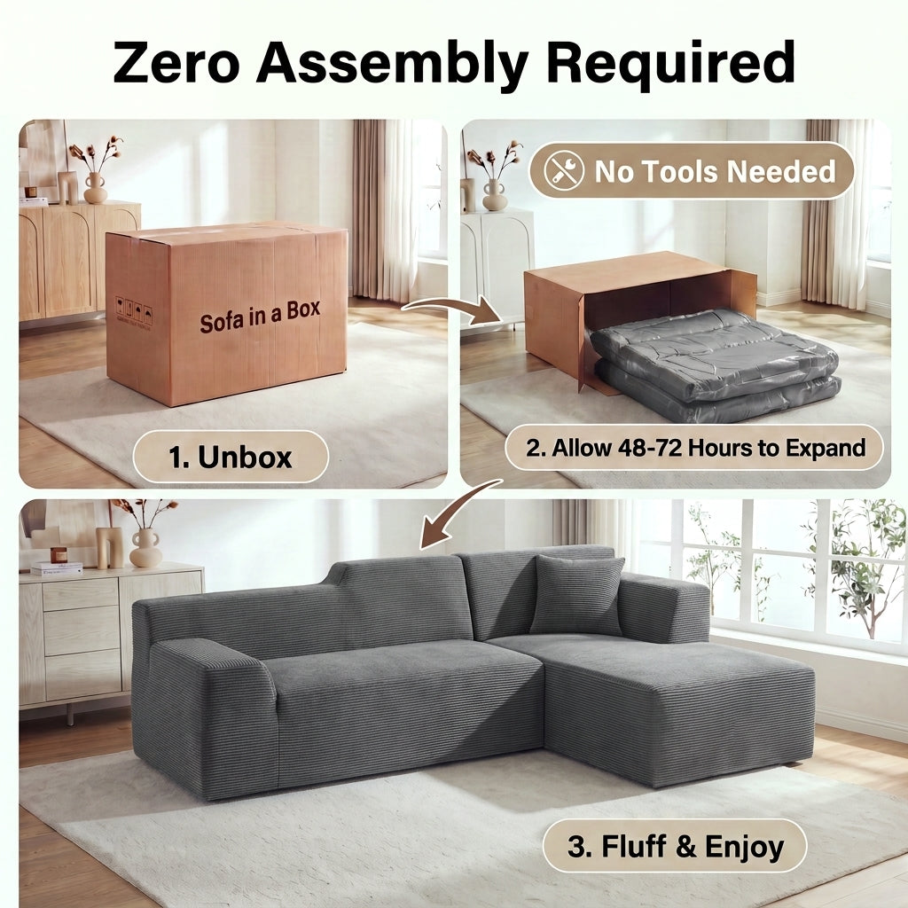 XANDERO 96" Modular Sectional Couch, Corduroy Boneless Sofa,Deep Seat Boneless Couches for Living Room, No Assembly Required, Right Facing Chaise, Gray