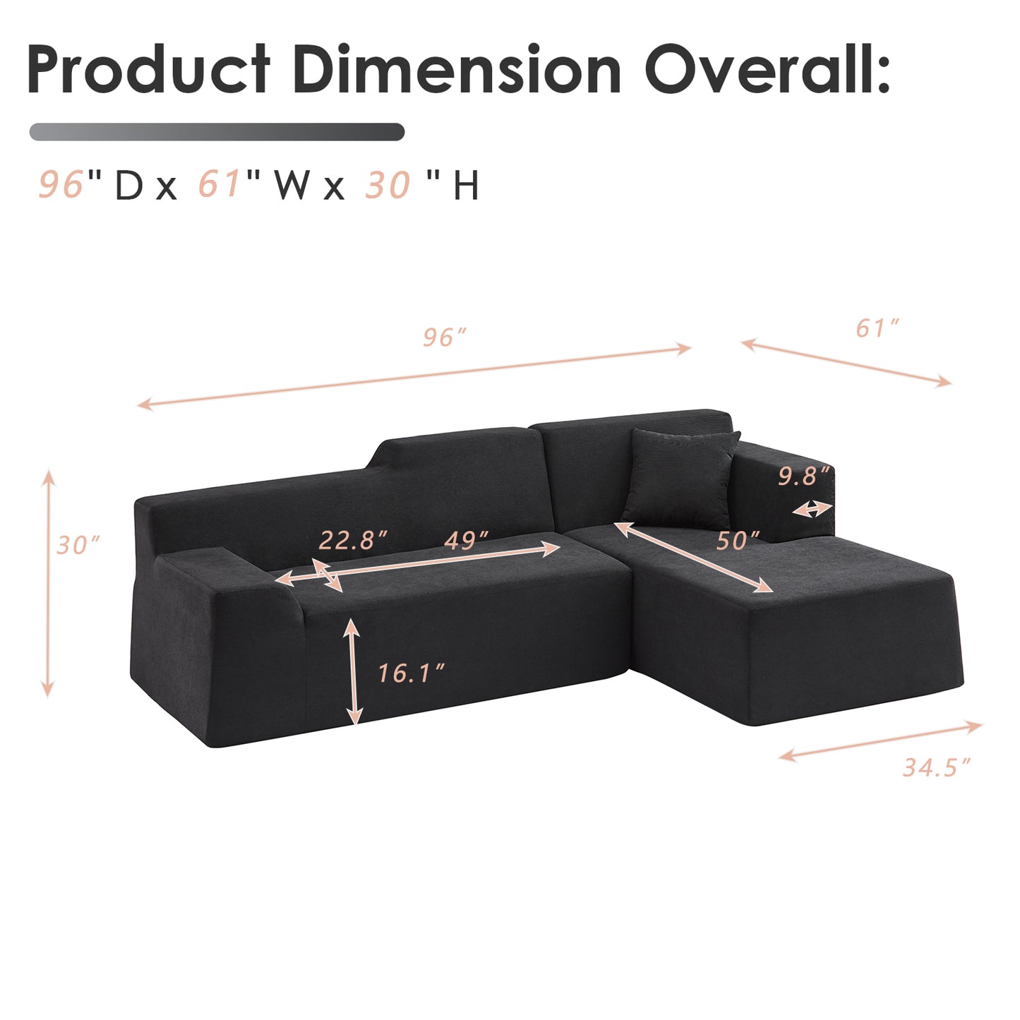 XANDERO 96" Modular Sectional Couch, Corduroy Boneless Sofa,Deep Seat Boneless Couches for Living Room, No Assembly Required, Right Facing Chaise, Black