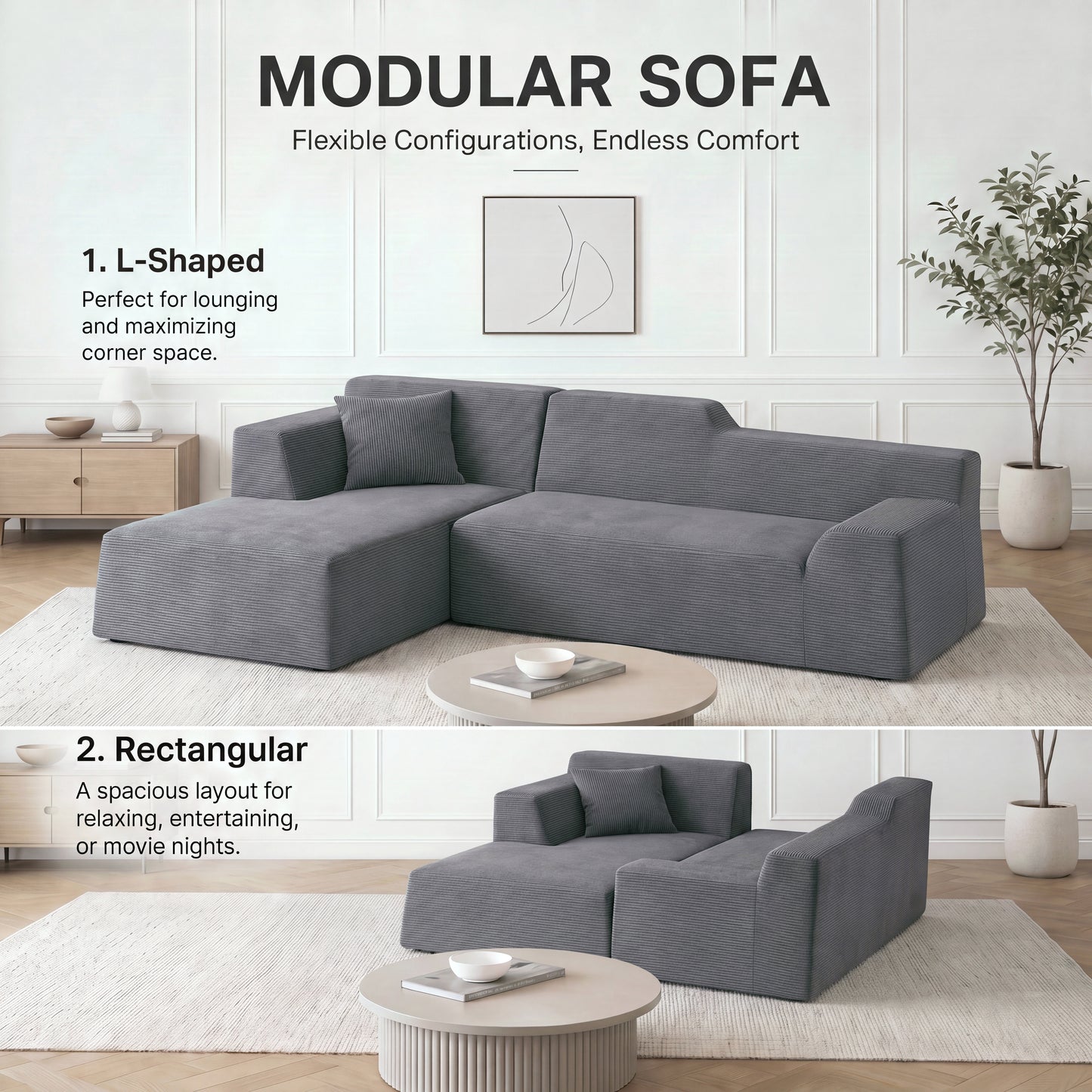 XANDERO 96" Modular Sectional Couch, Corduroy Boneless Sofa,Deep Seat Boneless Couches for Living Room, No Assembly Required, Left Facing Chaise,  Gray