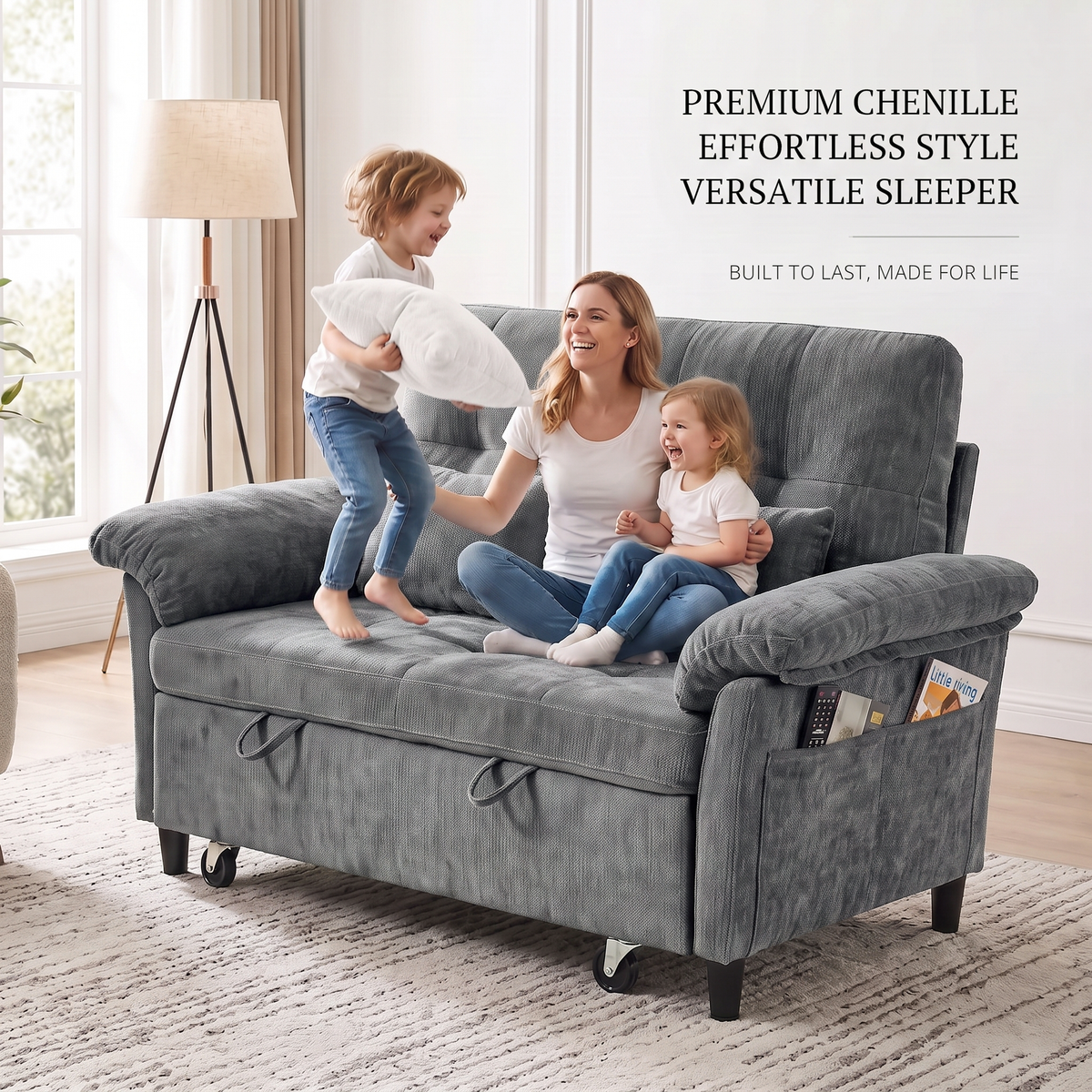 XANDRO 60" Chenille Sofa Bed, Loveseat Sleeper Sofa with Pull-Out Bed, USB Charging & Folding Table, Grey