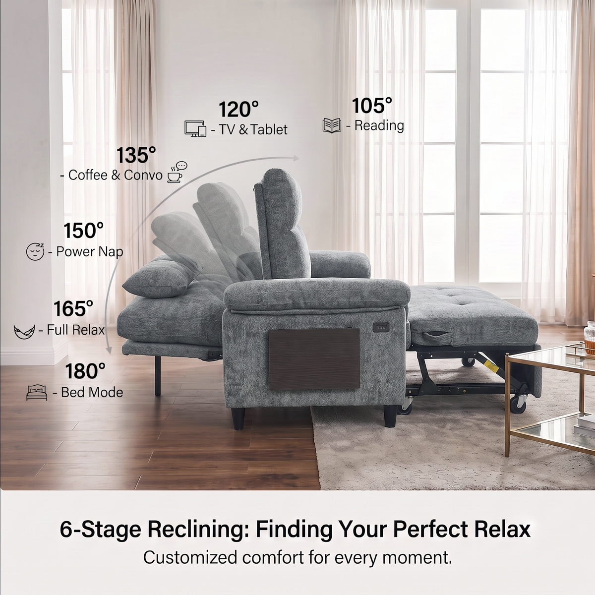 XANDRO 60" Chenille Sofa Bed, Loveseat Sleeper Sofa with Pull-Out Bed, USB Charging & Folding Table, Grey