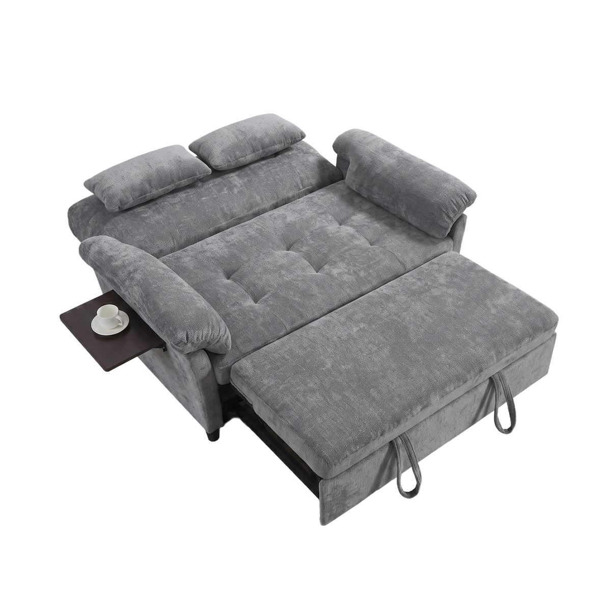 XANDRO 60" Chenille Sofa Bed, Loveseat Sleeper Sofa with Pull-Out Bed, USB Charging & Folding Table, Grey