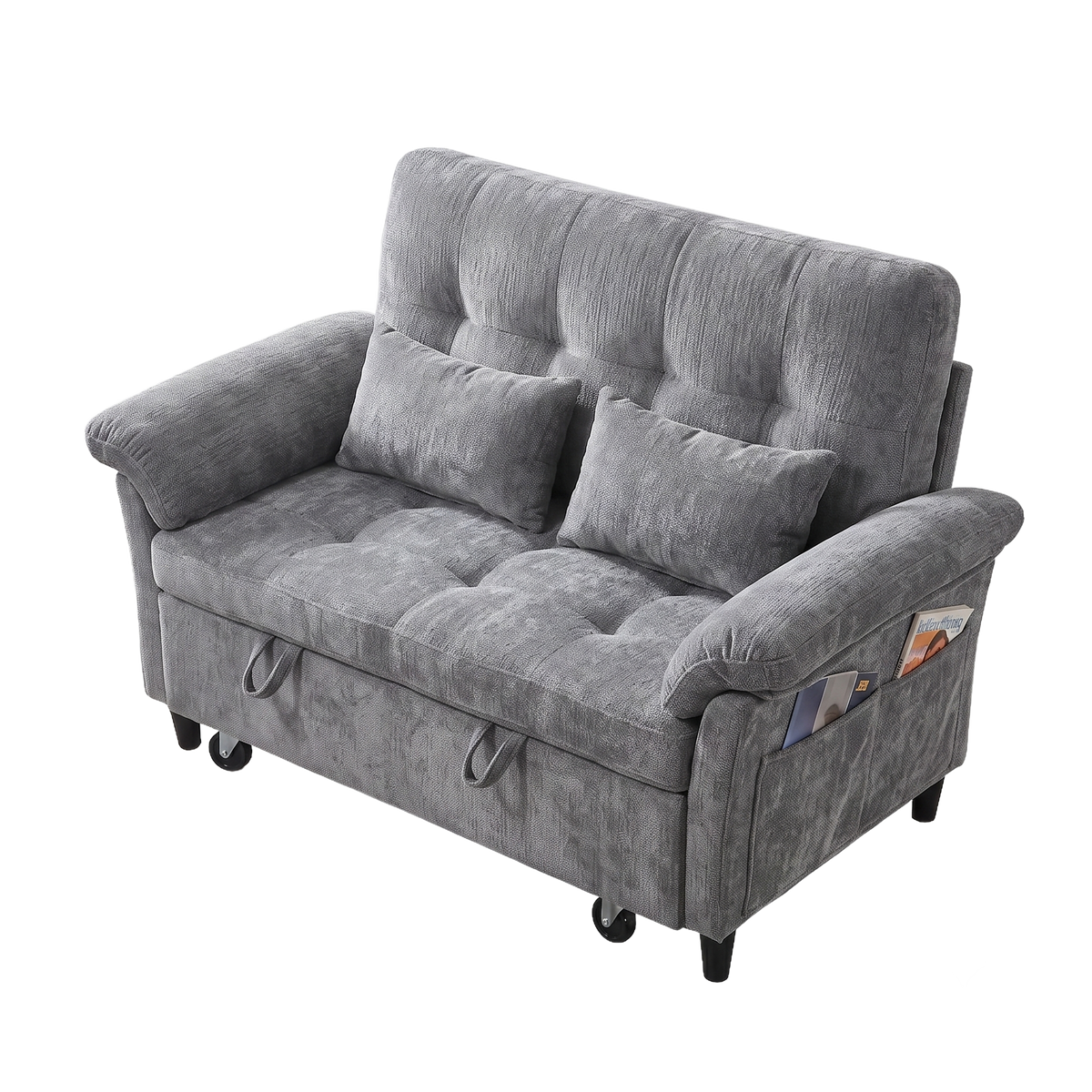 XANDRO 60" Chenille Sofa Bed, Loveseat Sleeper Sofa with Pull-Out Bed, USB Charging & Folding Table, Grey