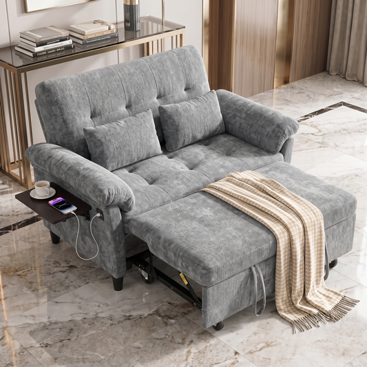 XANDRO 60" Chenille Sofa Bed, Loveseat Sleeper Sofa with Pull-Out Bed, USB Charging & Folding Table, Grey