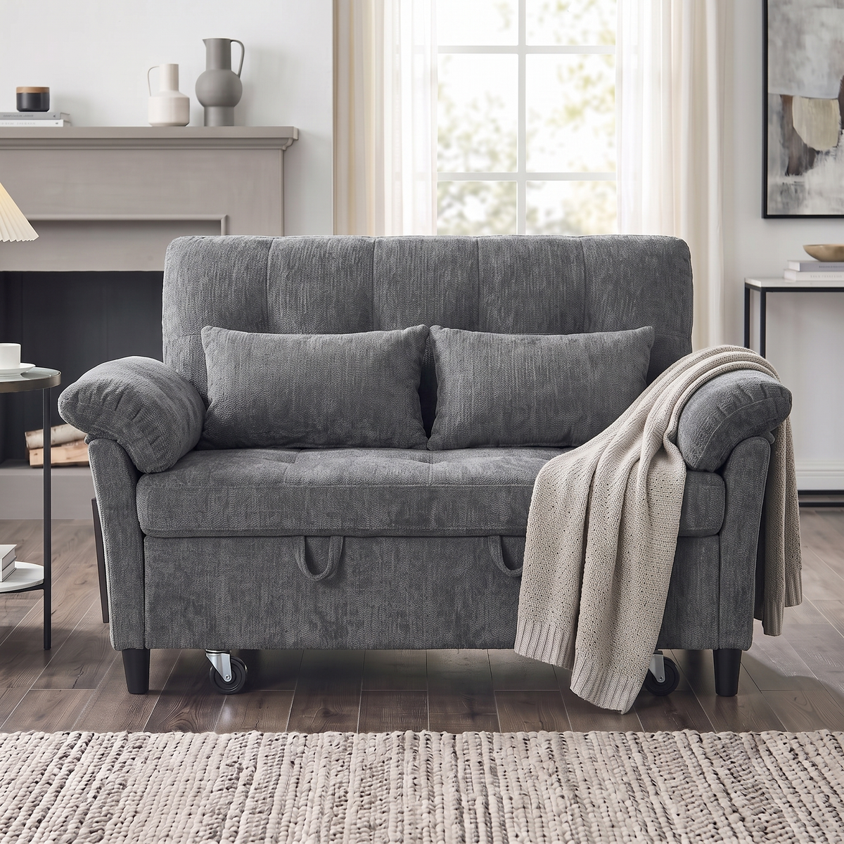 XANDRO 60" Chenille Sofa Bed, Loveseat Sleeper Sofa with Pull-Out Bed, USB Charging & Folding Table, Grey