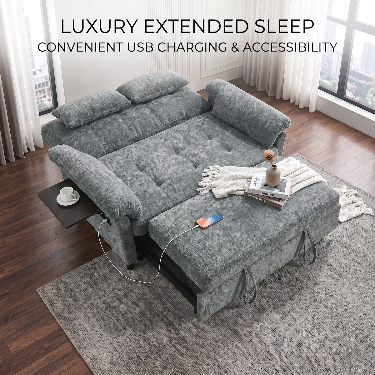 XANDRO 60" Chenille Sofa Bed, Loveseat Sleeper Sofa with Pull-Out Bed, USB Charging & Folding Table, Grey