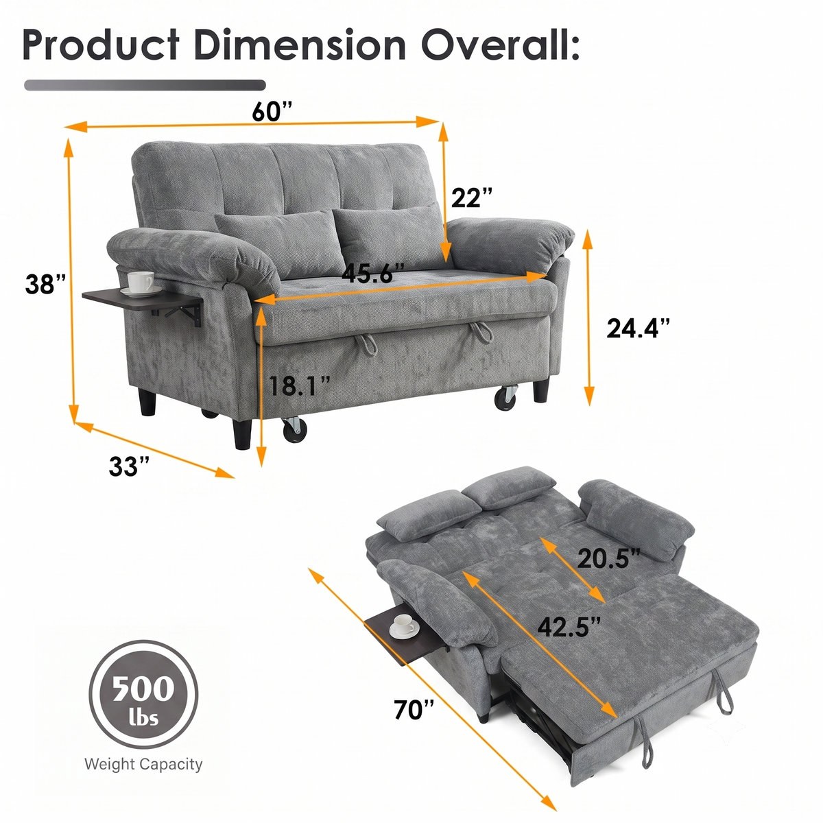 XANDRO 60" Chenille Sofa Bed, Loveseat Sleeper Sofa with Pull-Out Bed, USB Charging & Folding Table, Grey