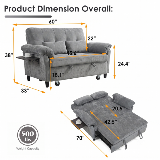 XANDERO 60" Chenille Sofa Bed, Loveseat Sleeper Sofa with Pull-Out Bed, USB Charging & Folding Table, Grey