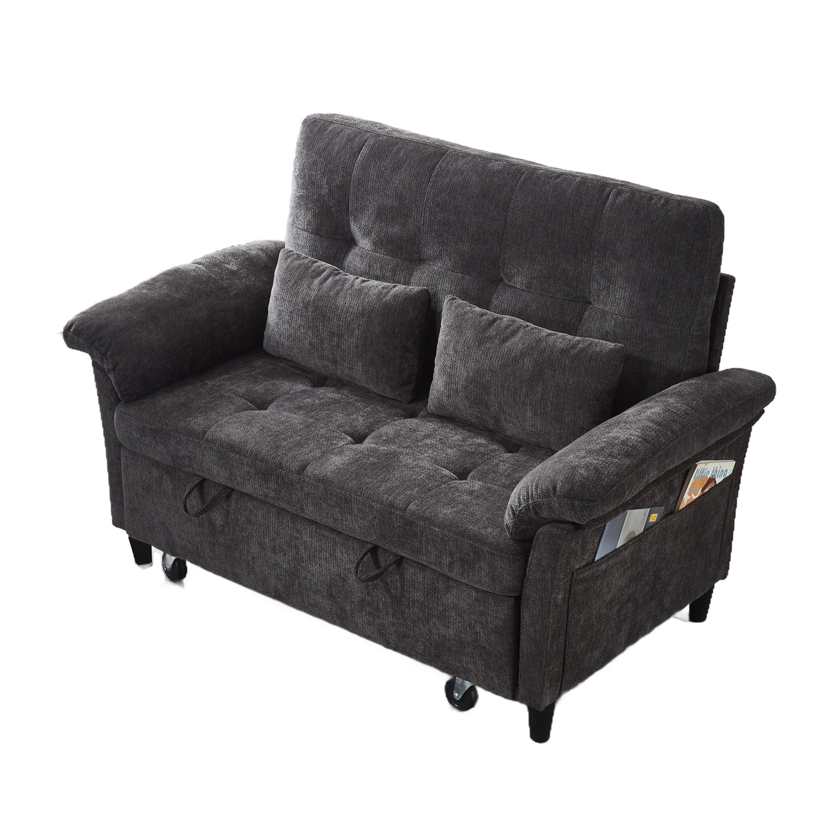 XANDRO 60" Chenille Sofa Bed, Loveseat Sleeper Sofa with Pull-Out Bed, USB Charging & Folding Table, Black
