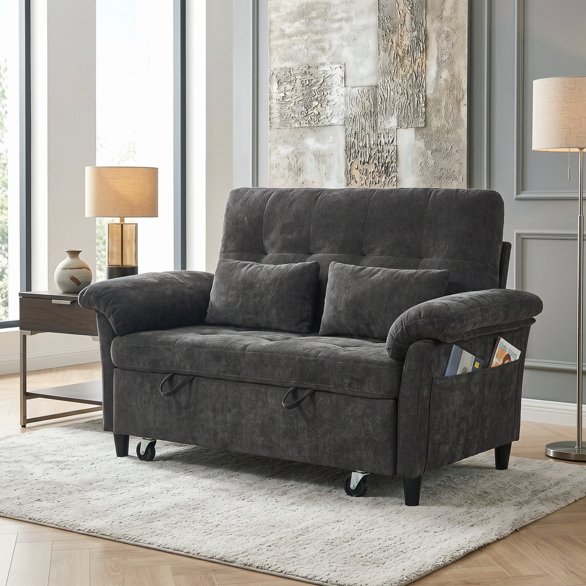 XANDRO 60" Chenille Sofa Bed, Loveseat Sleeper Sofa with Pull-Out Bed, USB Charging & Folding Table, Black