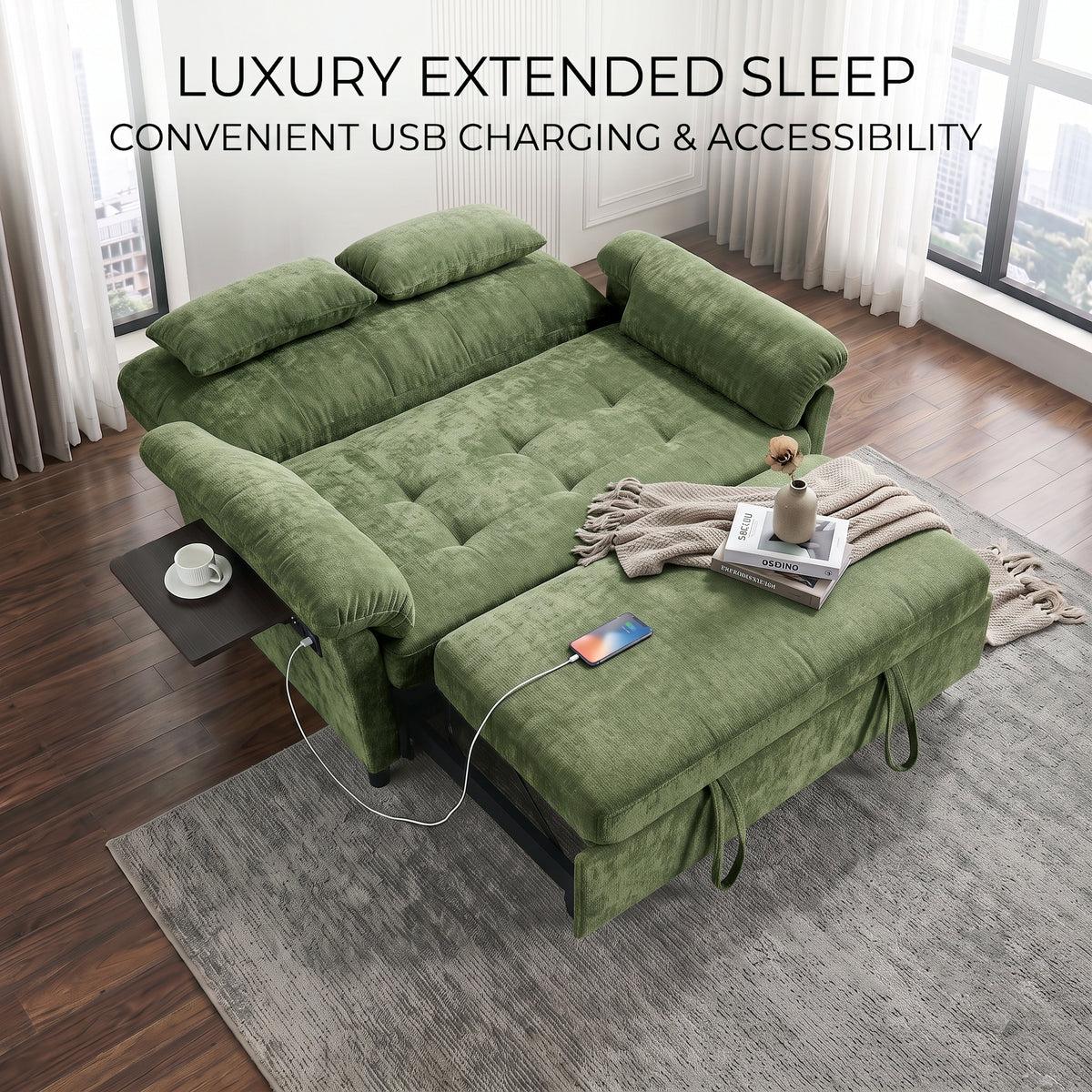XANDRO 60" Chenille Sofa Bed, Loveseat Sleeper Sofa with Pull-Out Bed, USB Charging & Folding Table, Green