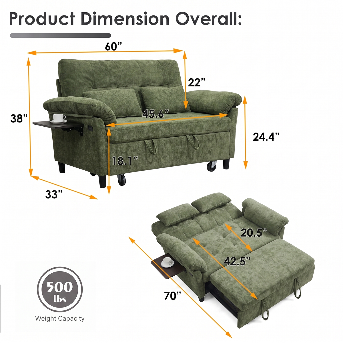 XANDRO 60" Chenille Sofa Bed, Loveseat Sleeper Sofa with Pull-Out Bed, USB Charging & Folding Table, Green