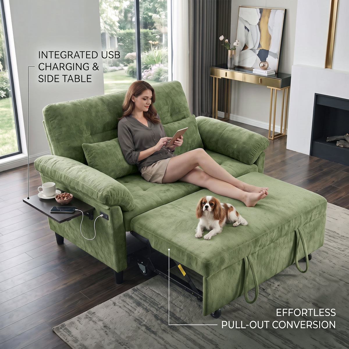XANDRO 60" Chenille Sofa Bed, Loveseat Sleeper Sofa with Pull-Out Bed, USB Charging & Folding Table, Green