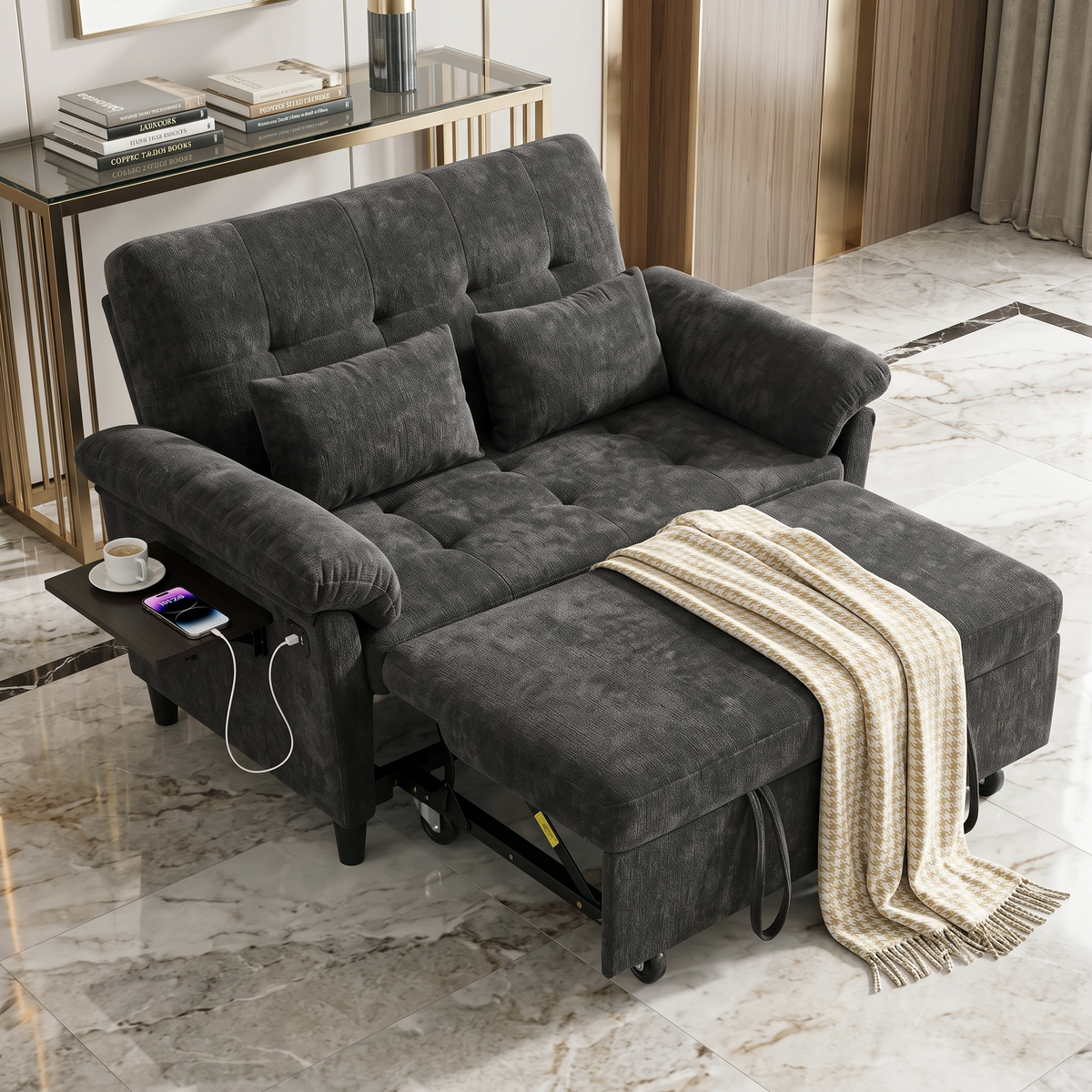 XANDRO 60" Chenille Sofa Bed, Loveseat Sleeper Sofa with Pull-Out Bed, USB Charging & Folding Table, Black