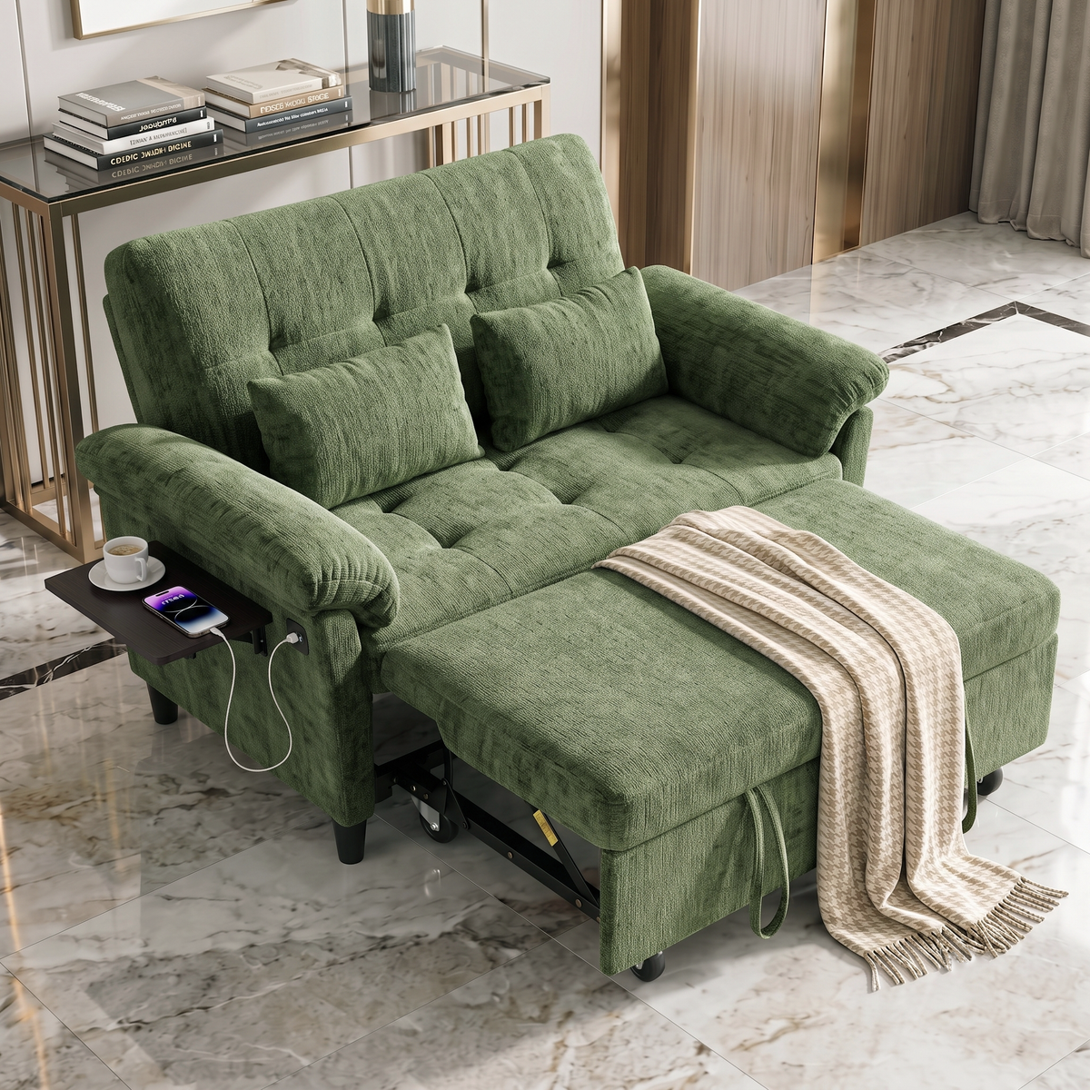 XANDRO 60" Chenille Sofa Bed, Loveseat Sleeper Sofa with Pull-Out Bed, USB Charging & Folding Table, Green
