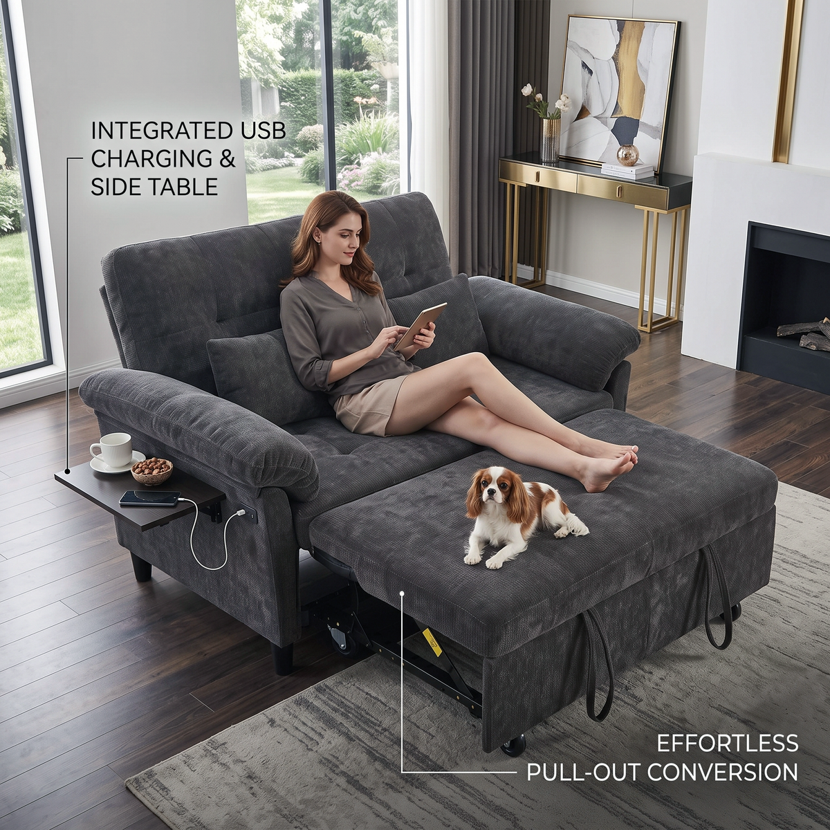 XANDRO 60" Chenille Sofa Bed, Loveseat Sleeper Sofa with Pull-Out Bed, USB Charging & Folding Table, Black