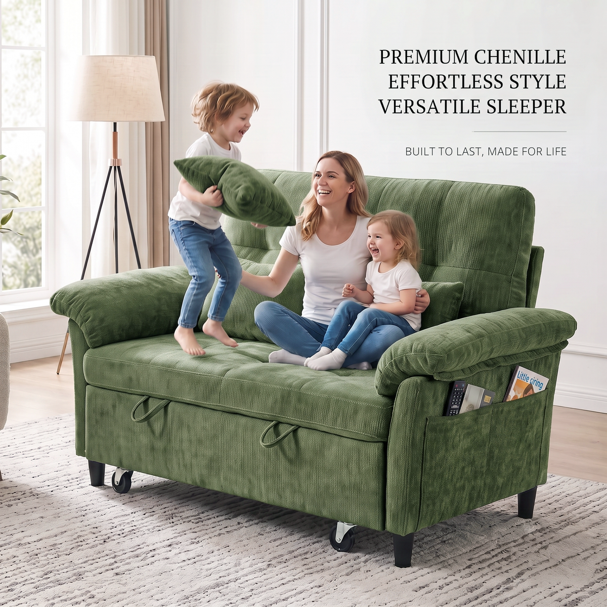 XANDRO 60" Chenille Sofa Bed, Loveseat Sleeper Sofa with Pull-Out Bed, USB Charging & Folding Table, Green