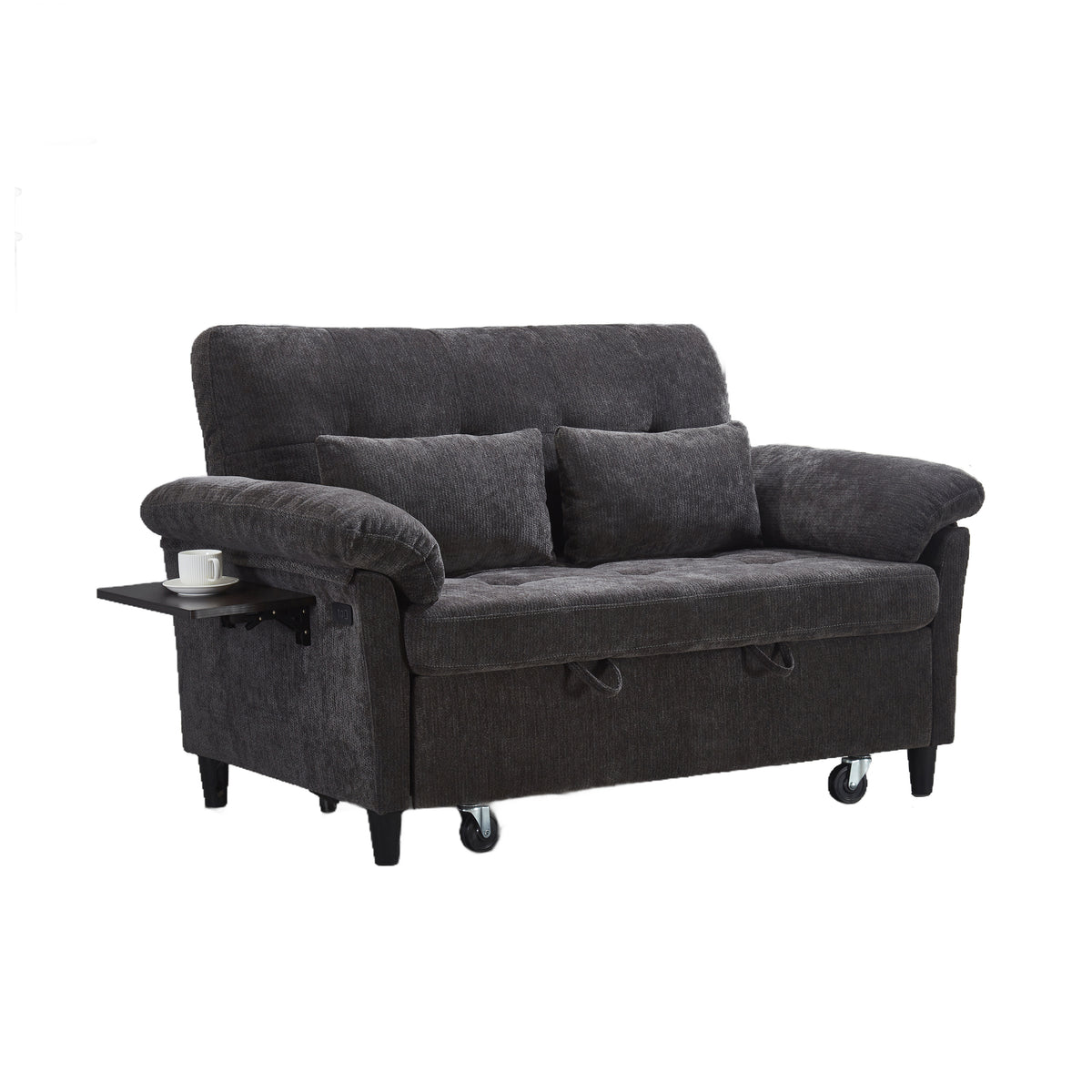 XANDRO 60" Chenille Sofa Bed, Loveseat Sleeper Sofa with Pull-Out Bed, USB Charging & Folding Table, Black