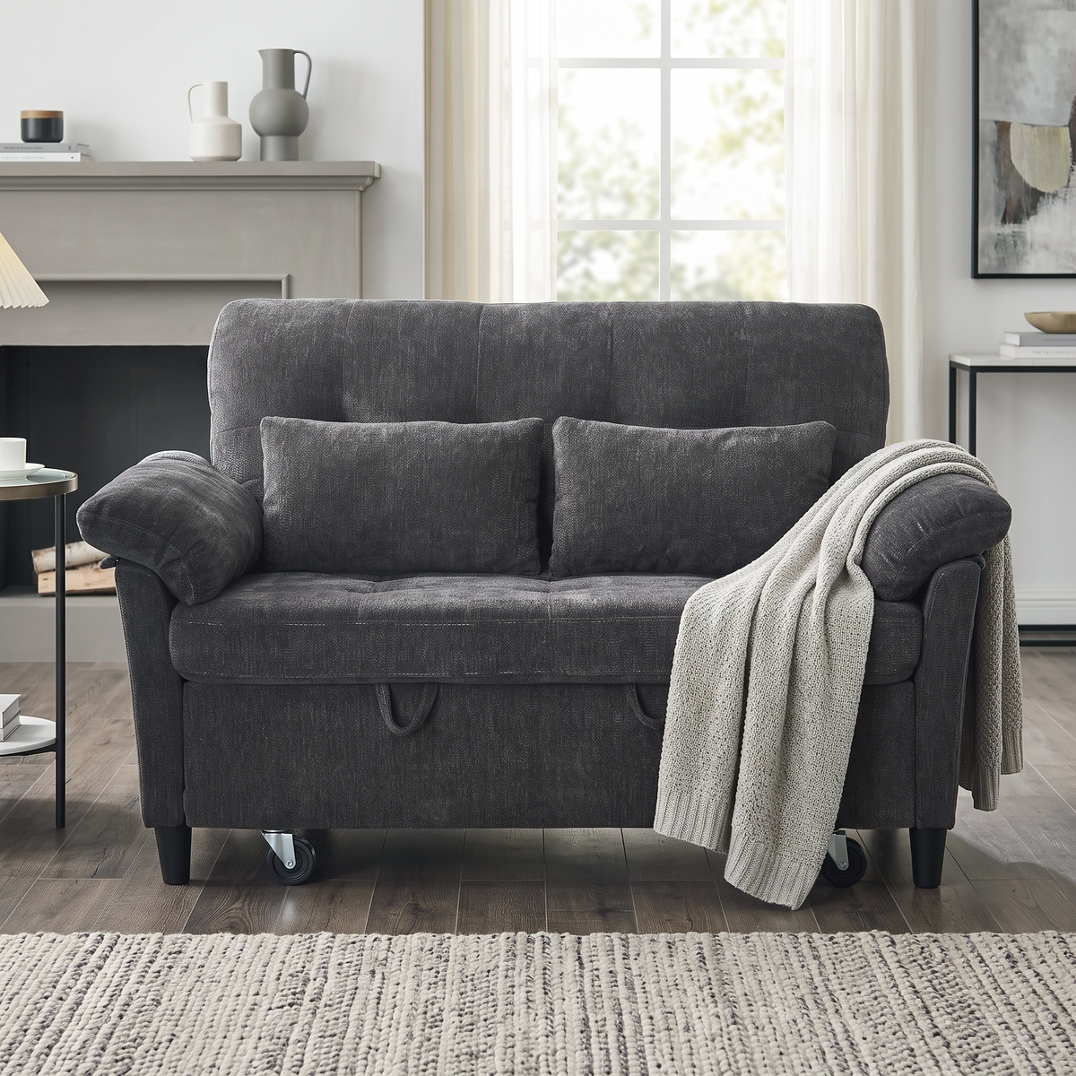 XANDRO 60" Chenille Sofa Bed, Loveseat Sleeper Sofa with Pull-Out Bed, USB Charging & Folding Table, Black