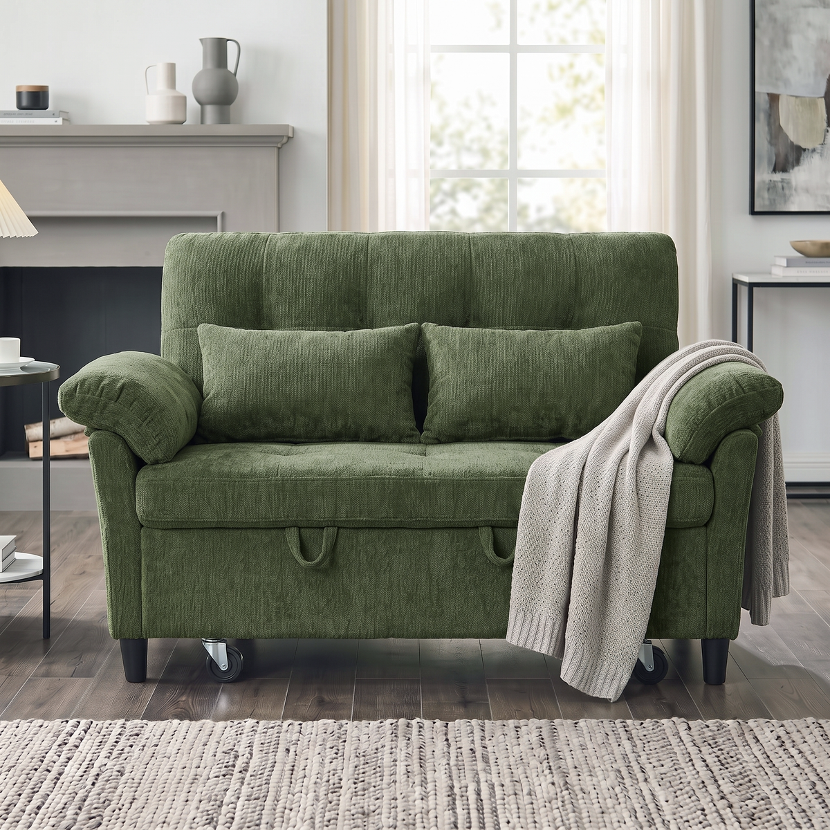 XANDRO 60" Chenille Sofa Bed, Loveseat Sleeper Sofa with Pull-Out Bed, USB Charging & Folding Table, Green