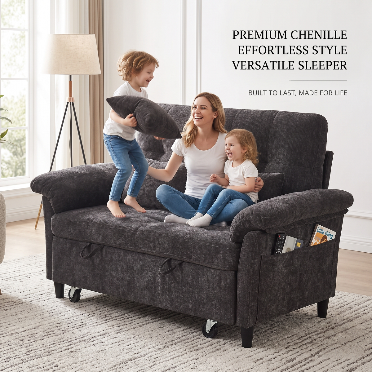 XANDRO 60" Chenille Sofa Bed, Loveseat Sleeper Sofa with Pull-Out Bed, USB Charging & Folding Table, Black
