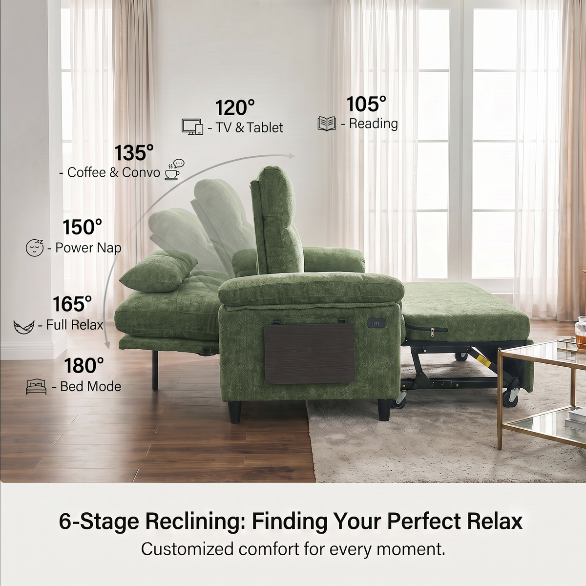 XANDRO 60" Chenille Sofa Bed, Loveseat Sleeper Sofa with Pull-Out Bed, USB Charging & Folding Table, Green