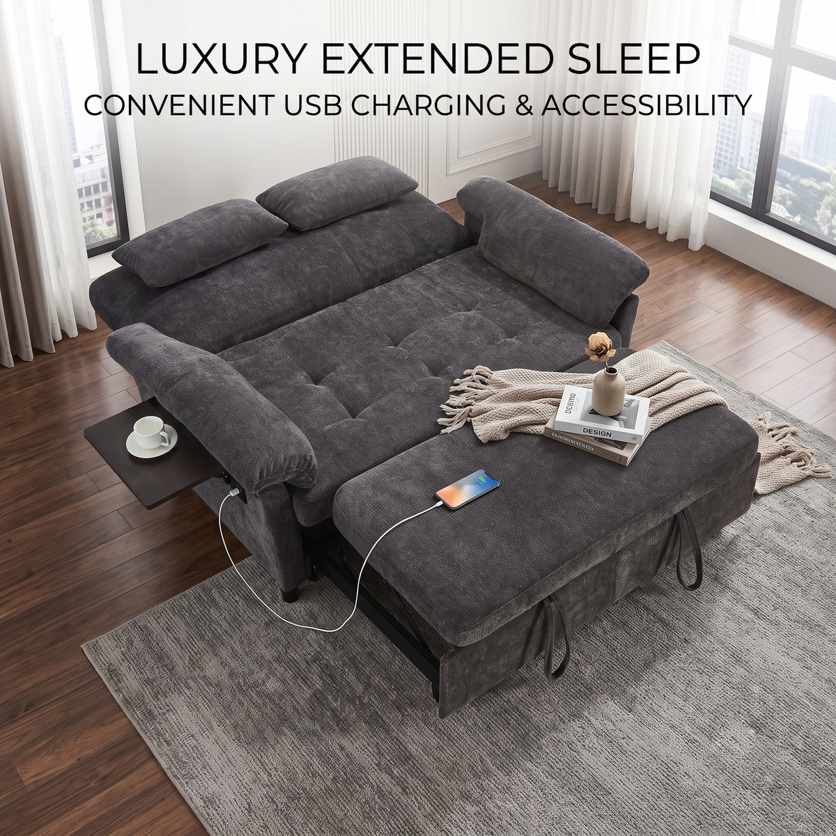 XANDRO 60" Chenille Sofa Bed, Loveseat Sleeper Sofa with Pull-Out Bed, USB Charging & Folding Table, Black