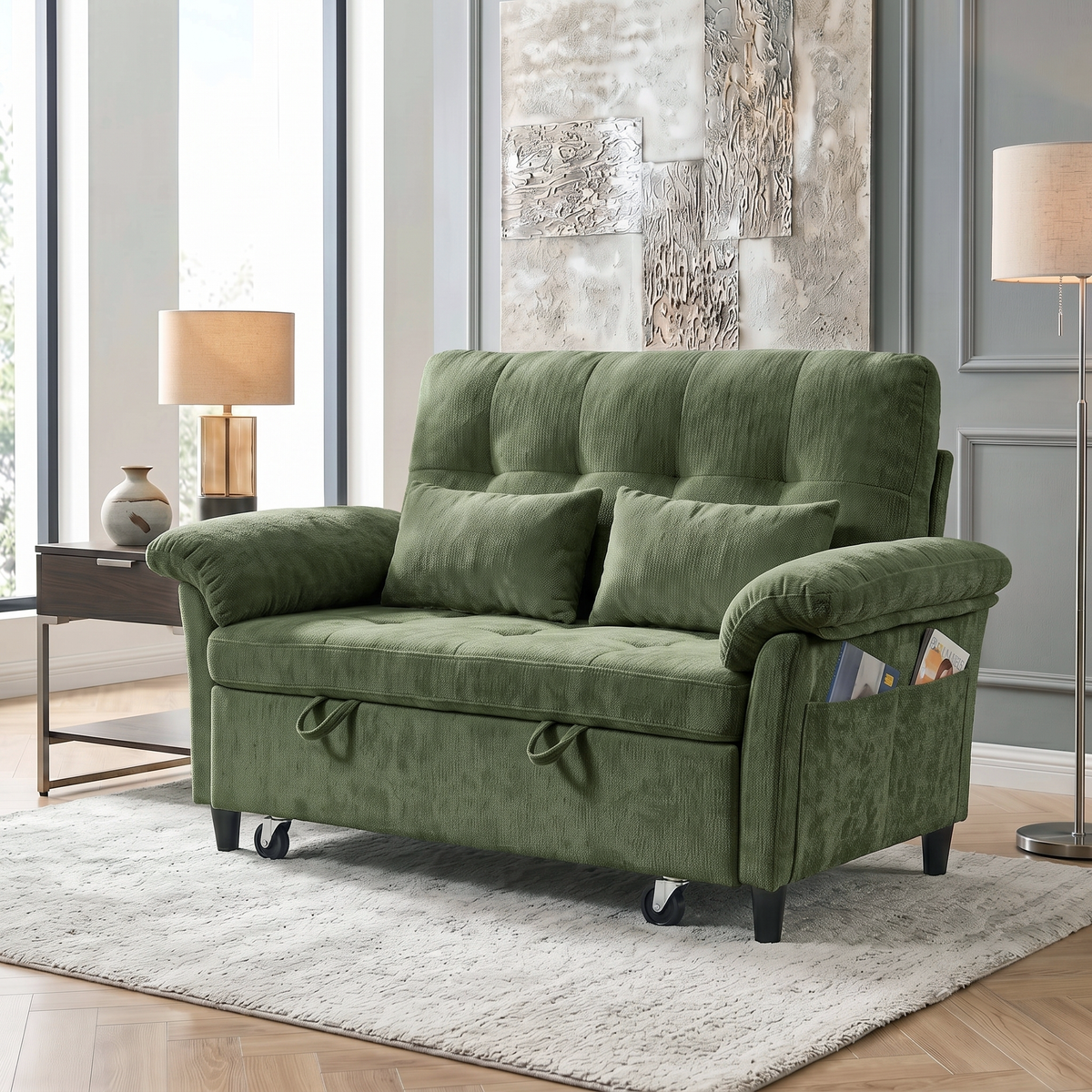 XANDRO 60" Chenille Sofa Bed, Loveseat Sleeper Sofa with Pull-Out Bed, USB Charging & Folding Table, Green