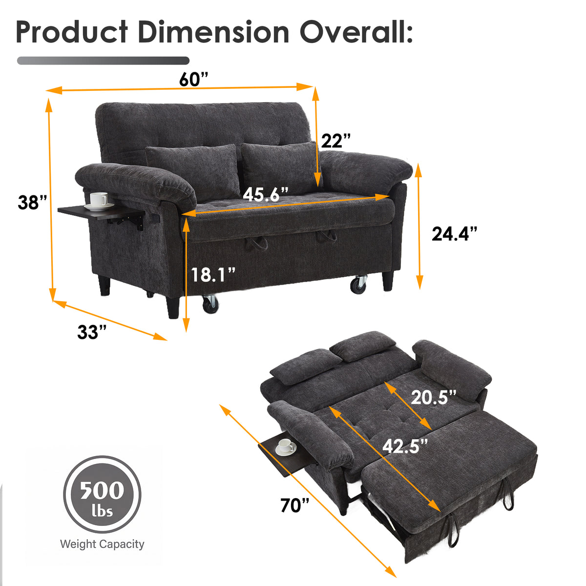 XANDRO 60" Chenille Sofa Bed, Loveseat Sleeper Sofa with Pull-Out Bed, USB Charging & Folding Table, Black
