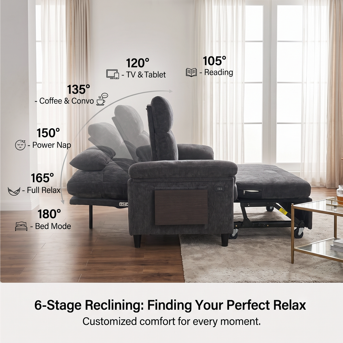 XANDRO 60" Chenille Sofa Bed, Loveseat Sleeper Sofa with Pull-Out Bed, USB Charging & Folding Table, Black