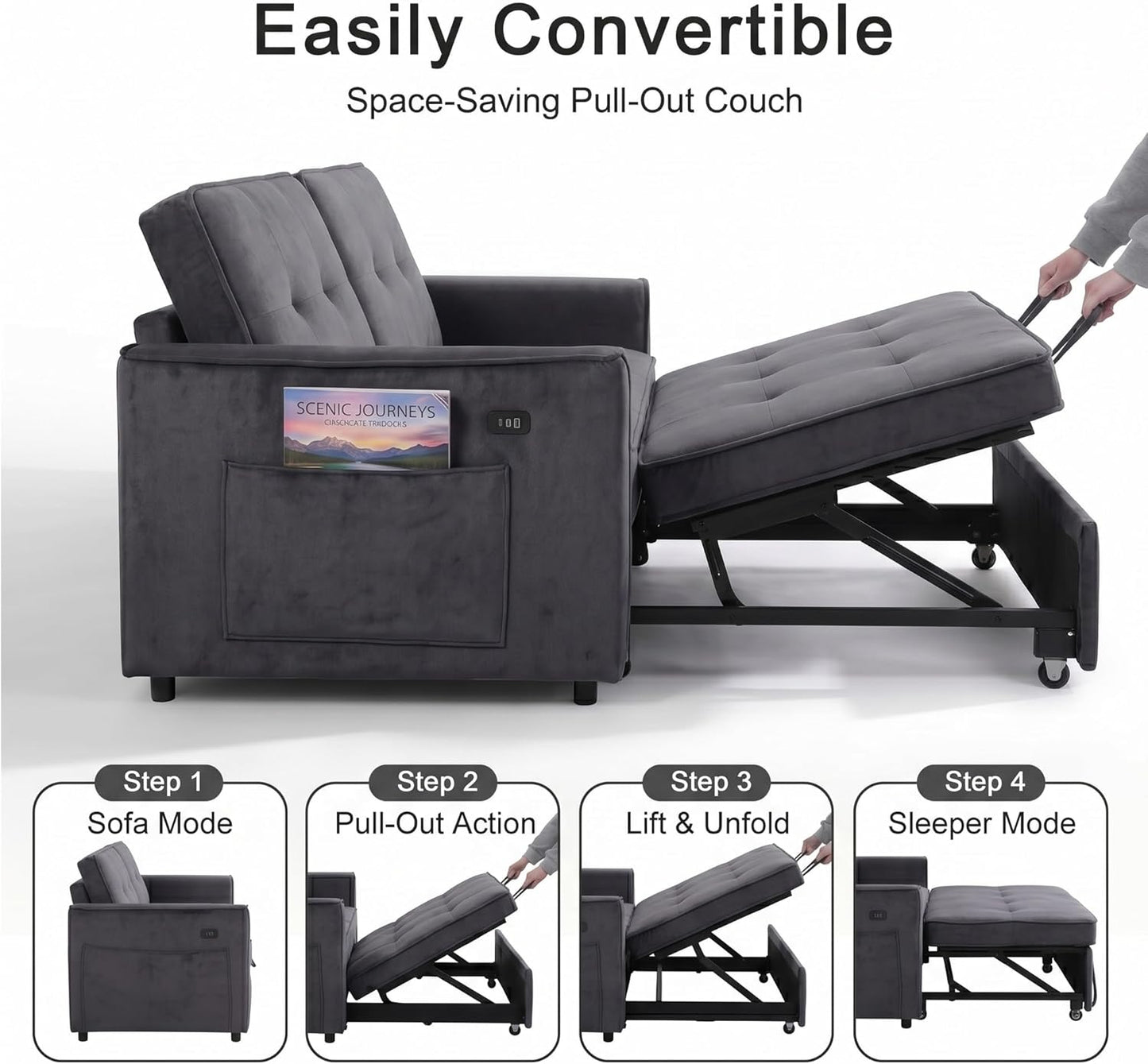 Convertible Sofa Bed for Small Spaces – 53” Loveseat Sleeper Sofa with Pull-Out Couch, Reclining Backrest, USB Port & Storage – Gray