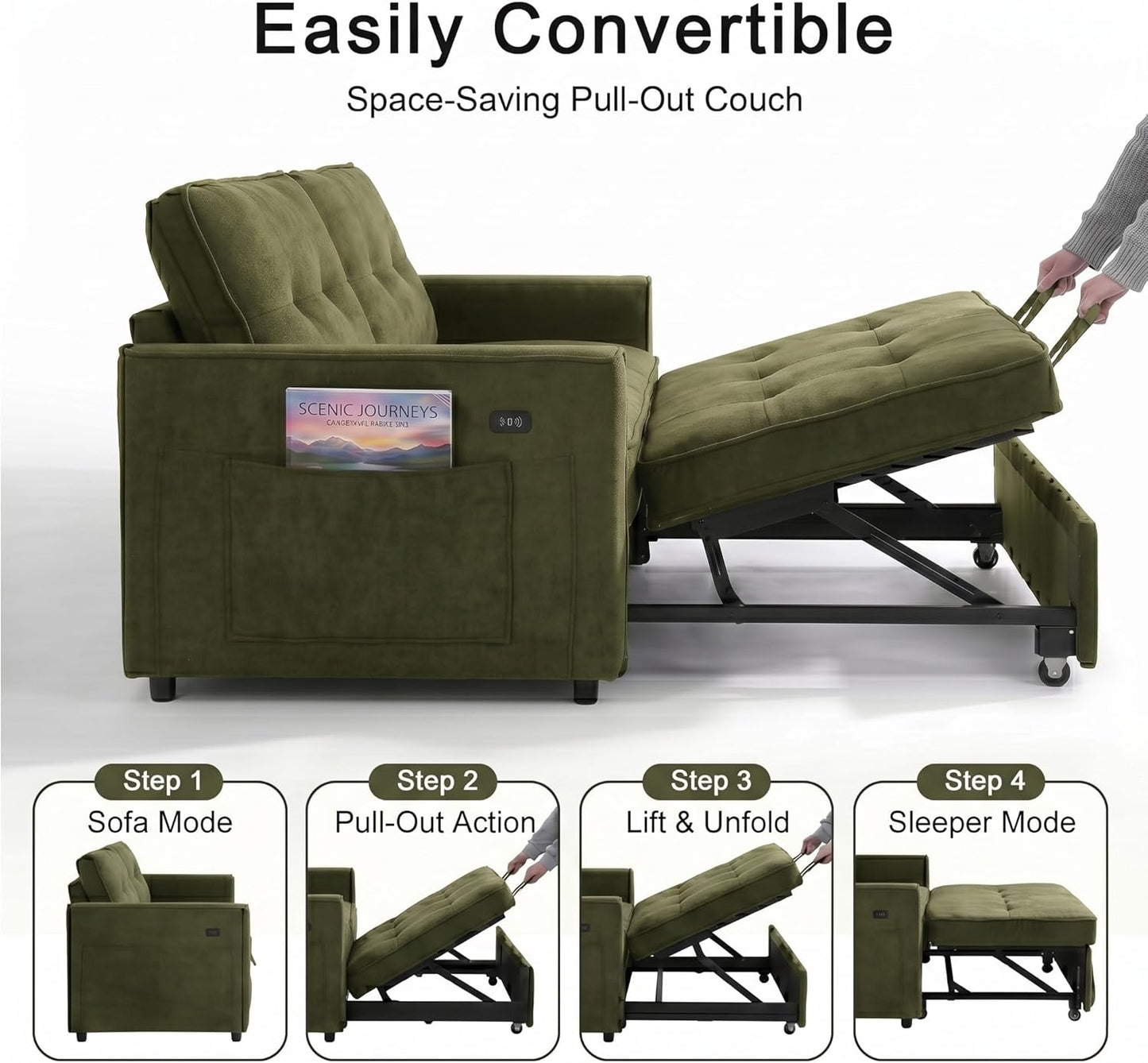 Convertible Sofa Bed for Small Spaces – 53” Loveseat Sleeper Sofa with Pull-Out Couch, Reclining Backrest, USB Port & Storage –Green