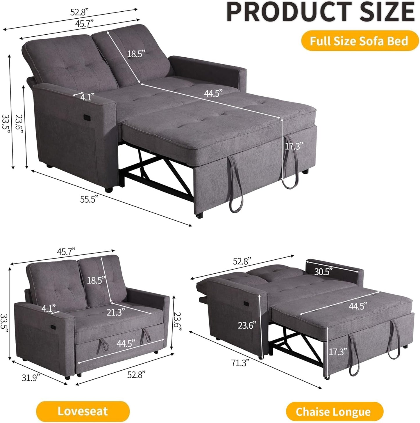 Convertible Sofa Bed for Small Spaces – 53” Loveseat Sleeper Sofa with Pull-Out Couch, Reclining Backrest, USB Port & Storage – Light Gray
