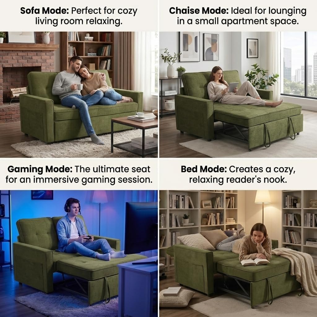 Convertible Sofa Bed for Small Spaces – 53” Loveseat Sleeper Sofa with Pull-Out Couch, Reclining Backrest, USB Port & Storage –Green