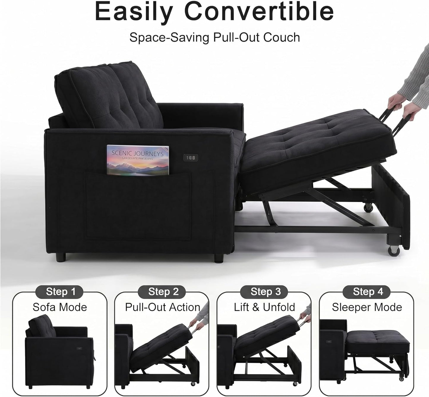 Convertible Sofa Bed for Small Spaces – 53” Loveseat Sleeper Sofa with Pull-Out Couch, Reclining Backrest, USB Port & Storage – Black