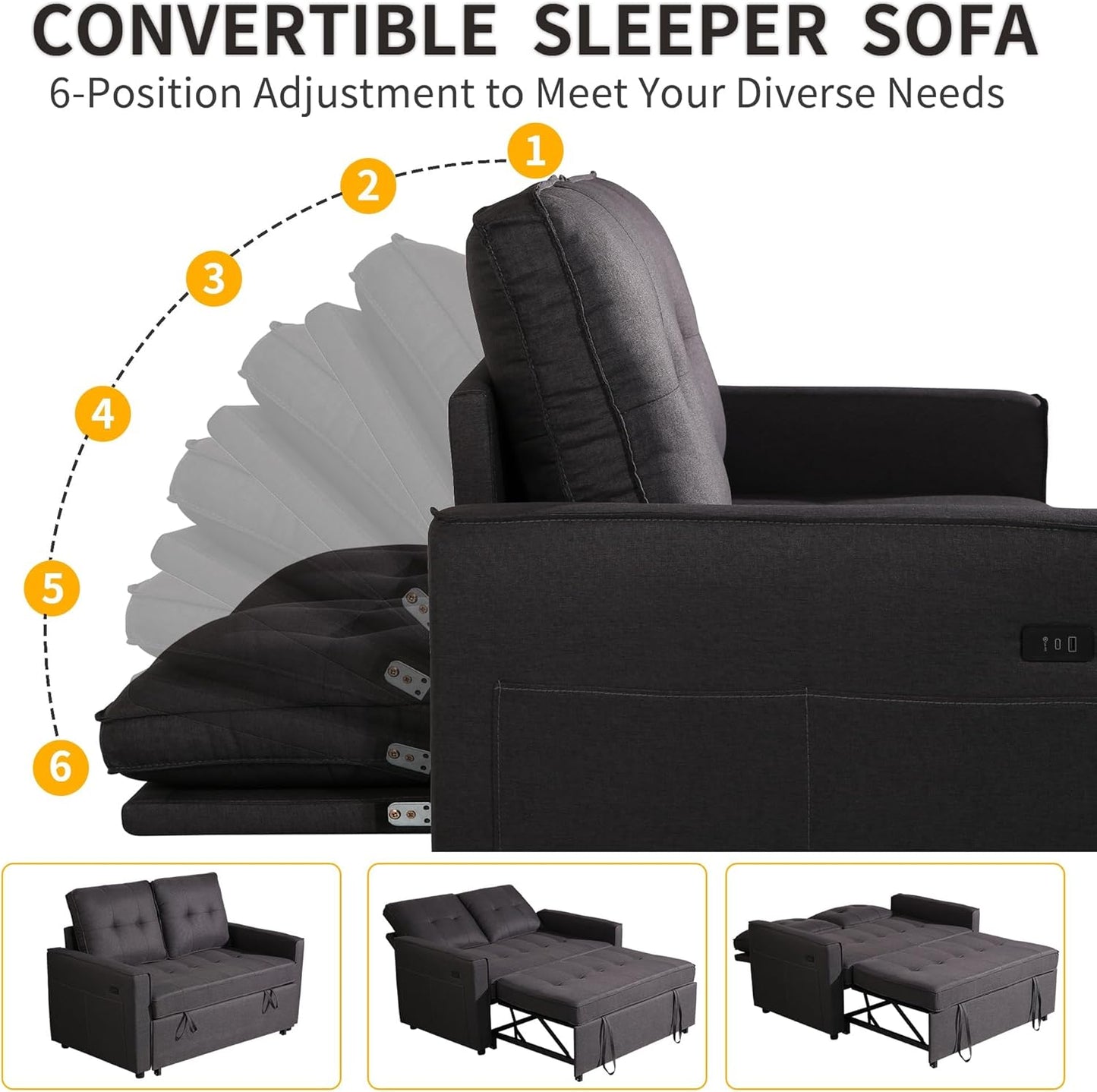 Convertible Sofa Bed for Small Spaces – 53” Loveseat Sleeper Sofa with Pull-Out Couch, Reclining Backrest, USB Port & Storage – Gray