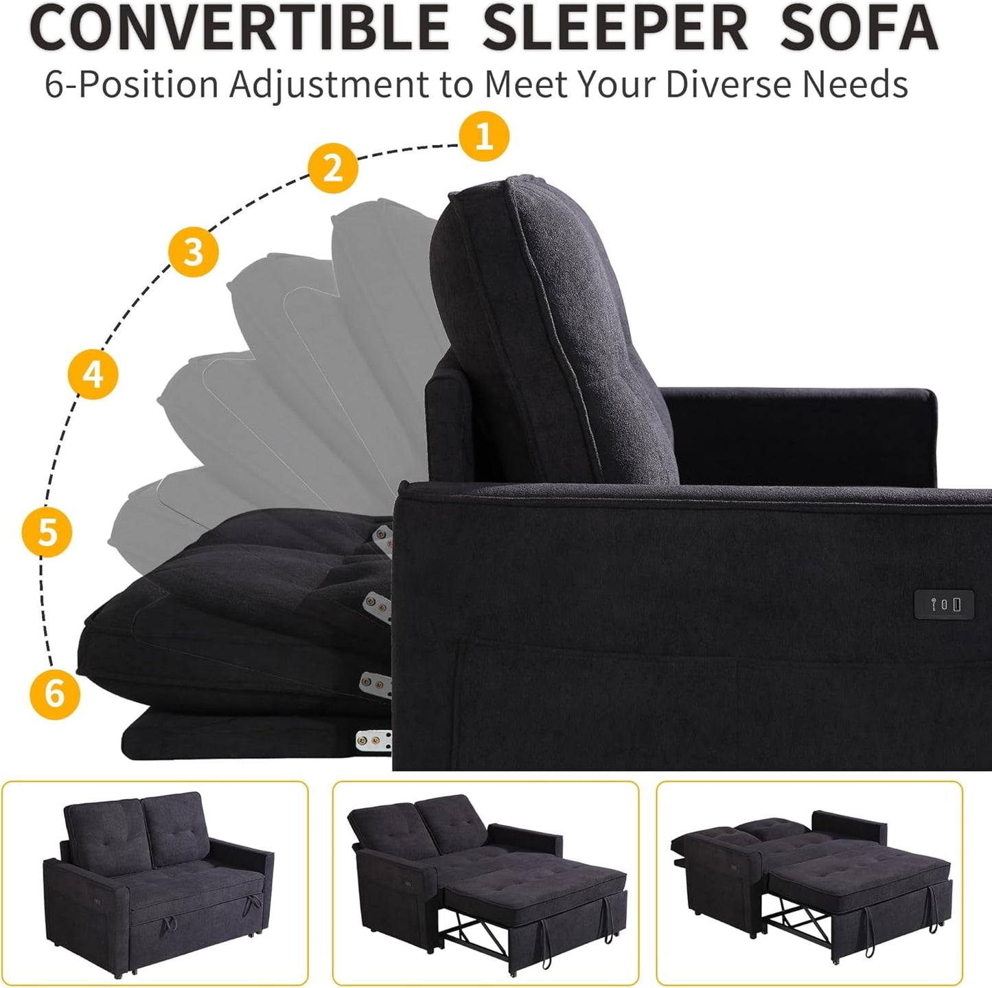 Convertible Sofa Bed for Small Spaces – 53” Loveseat Sleeper Sofa with Pull-Out Couch, Reclining Backrest, USB Port & Storage – Black