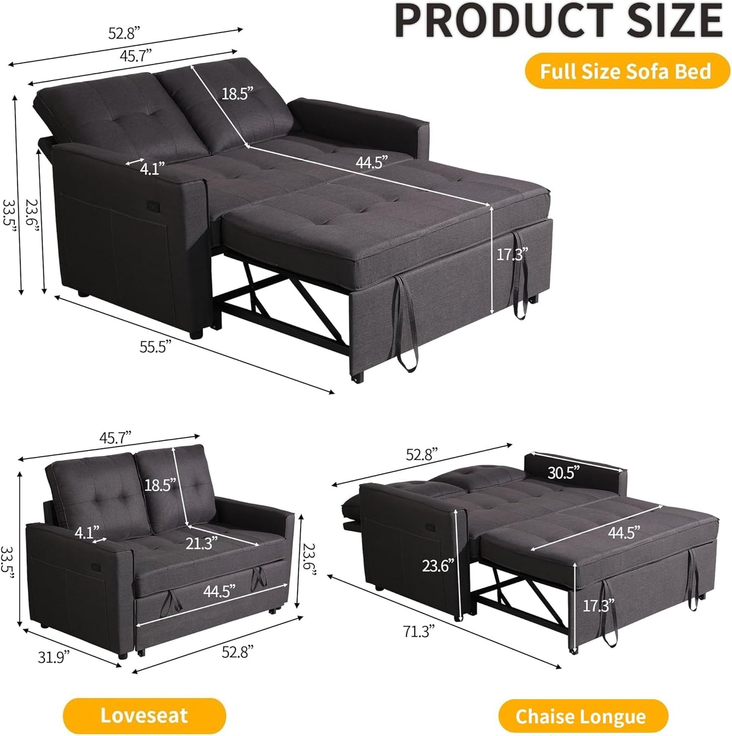 Convertible Sofa Bed for Small Spaces – 53” Loveseat Sleeper Sofa with Pull-Out Couch, Reclining Backrest, USB Port & Storage – Gray