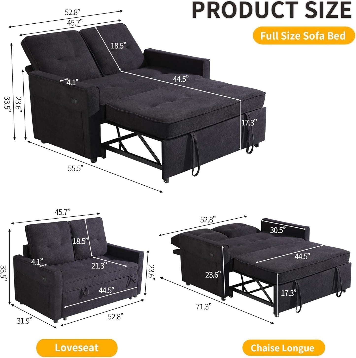 Convertible Sofa Bed for Small Spaces – 53” Loveseat Sleeper Sofa with Pull-Out Couch, Reclining Backrest, USB Port & Storage – Black