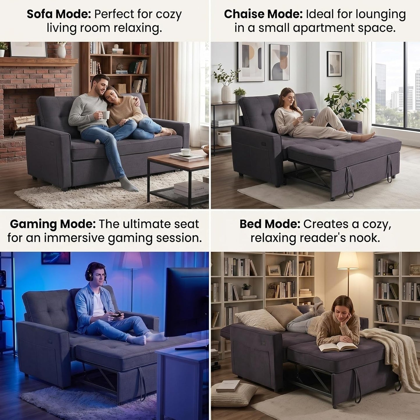 Convertible Sofa Bed for Small Spaces – 53” Loveseat Sleeper Sofa with Pull-Out Couch, Reclining Backrest, USB Port & Storage – Gray