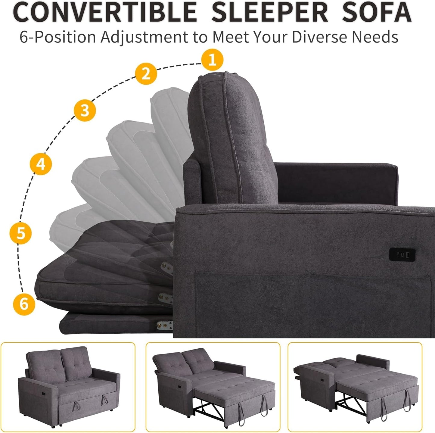 Convertible Sofa Bed for Small Spaces – 53” Loveseat Sleeper Sofa with Pull-Out Couch, Reclining Backrest, USB Port & Storage – Light Gray