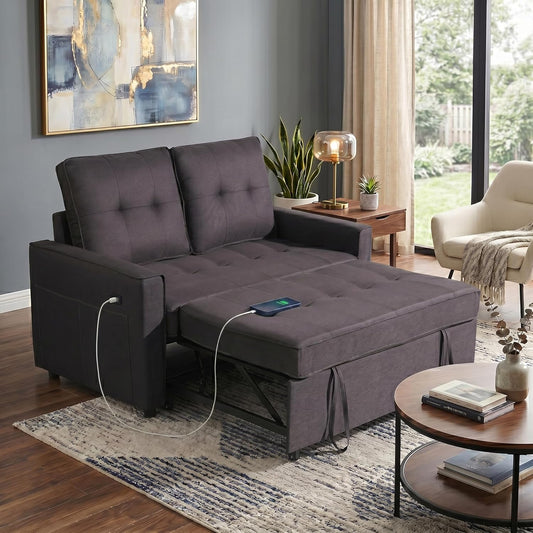 Convertible Sofa Bed for Small Spaces – 53” Loveseat Sleeper Sofa with Pull-Out Couch, Reclining Backrest, USB Port & Storage – Gray