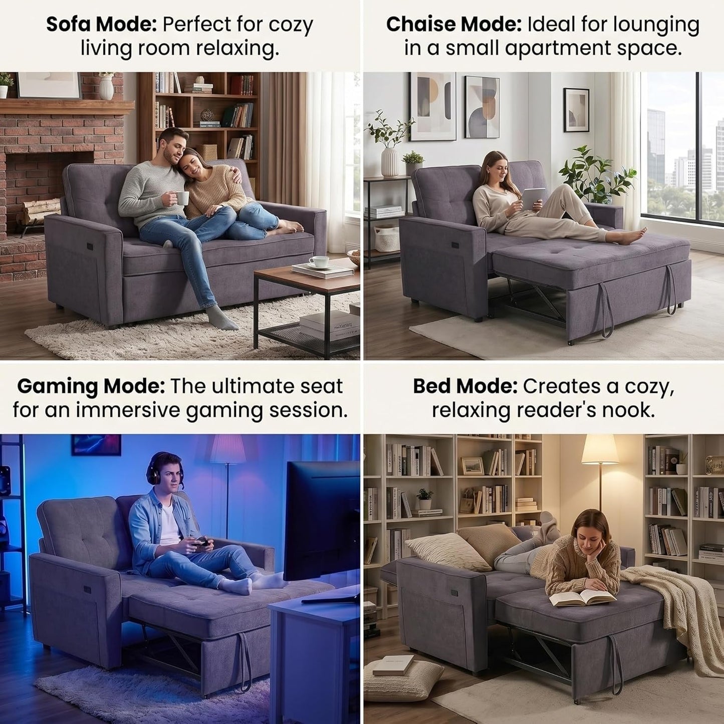 Convertible Sofa Bed for Small Spaces – 53” Loveseat Sleeper Sofa with Pull-Out Couch, Reclining Backrest, USB Port & Storage – Light Gray
