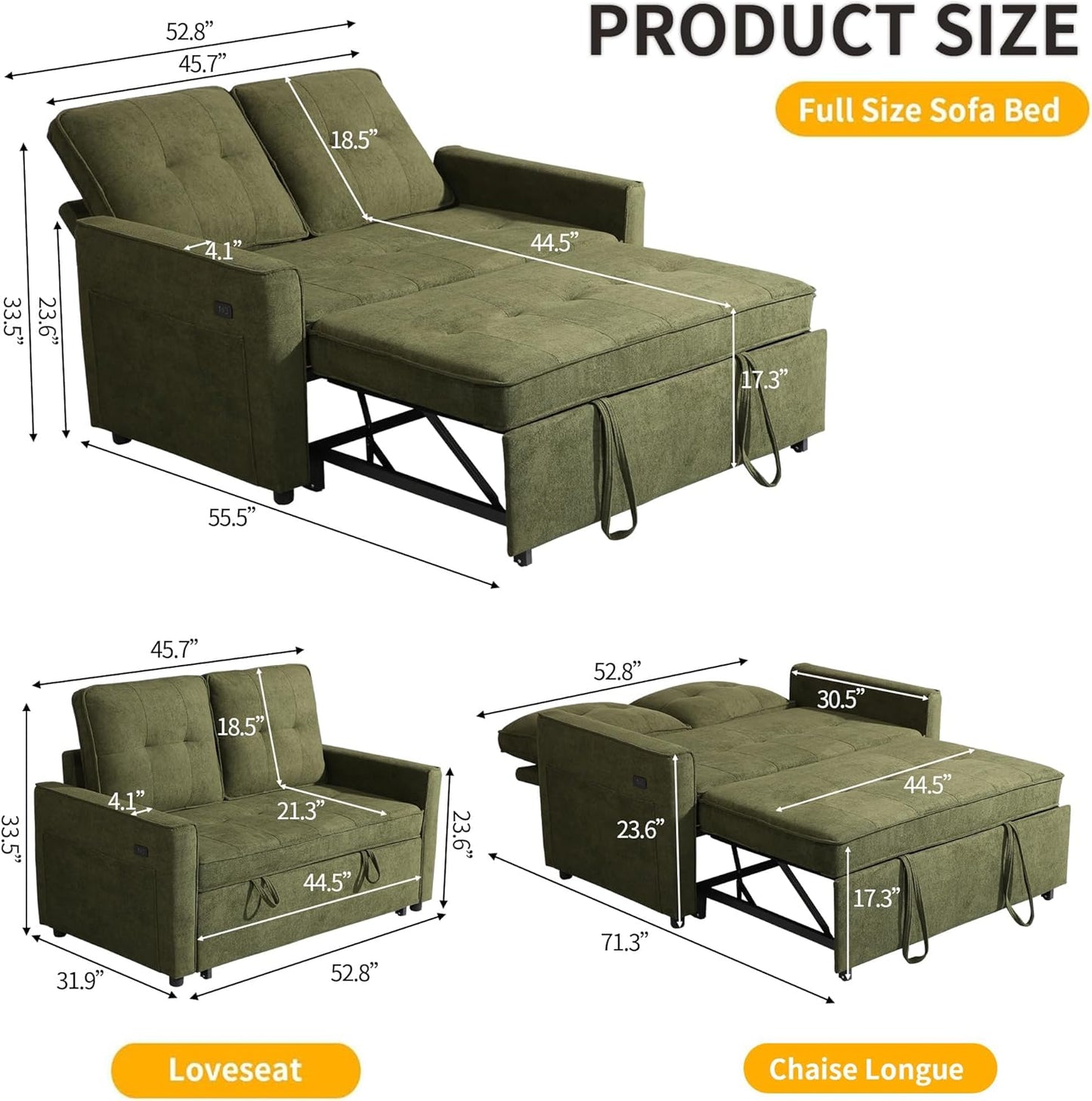 Convertible Sofa Bed for Small Spaces – 53” Loveseat Sleeper Sofa with Pull-Out Couch, Reclining Backrest, USB Port & Storage –Green
