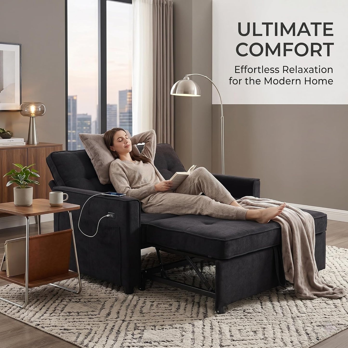 Convertible Sofa Bed for Small Spaces – 53” Loveseat Sleeper Sofa with Pull-Out Couch, Reclining Backrest, USB Port & Storage – Black