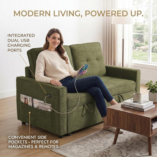 Convertible Sofa Bed for Small Spaces – 53” Loveseat Sleeper Sofa with Pull-Out Couch, Reclining Backrest, USB Port & Storage –Green