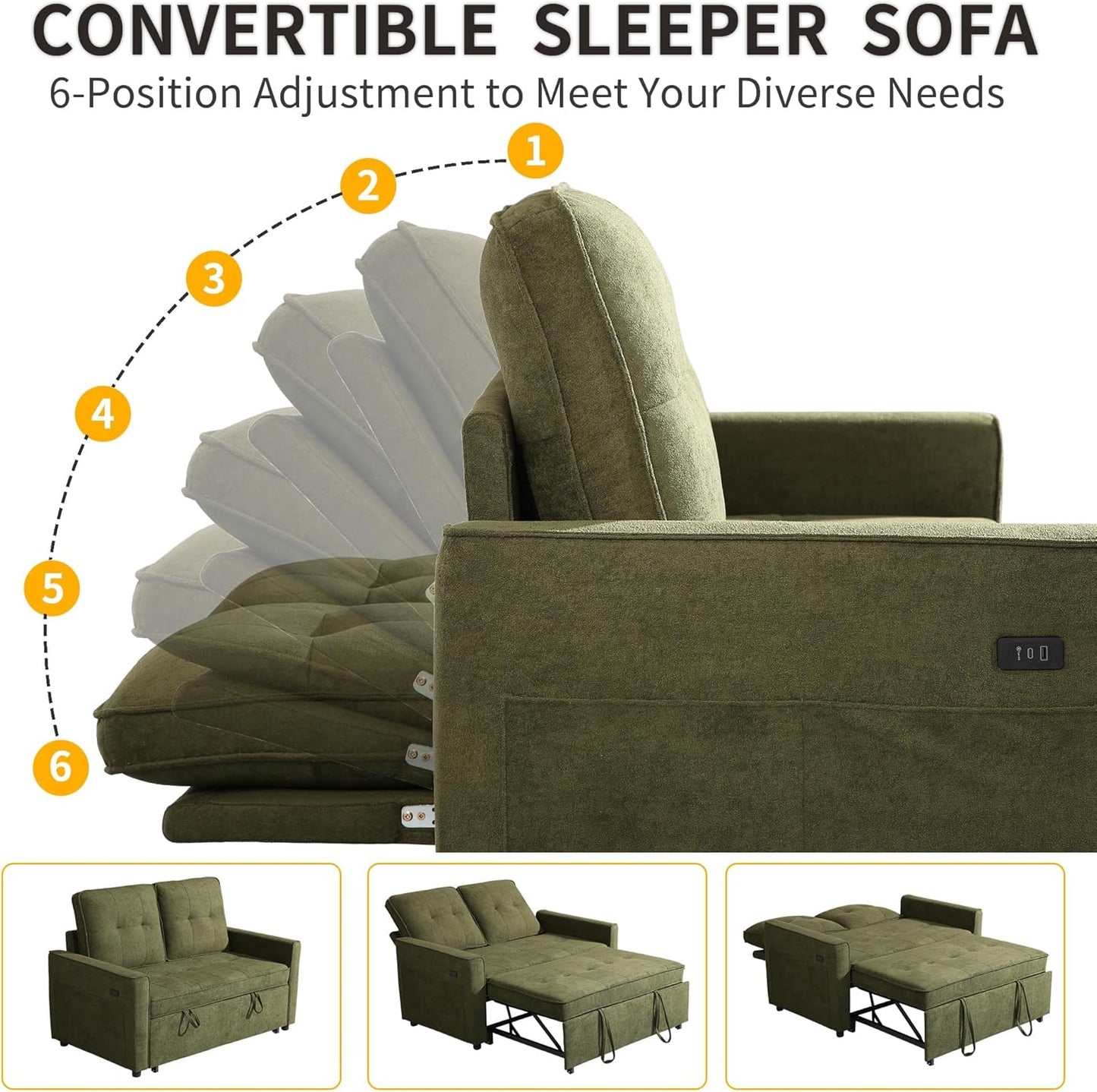 Convertible Sofa Bed for Small Spaces – 53” Loveseat Sleeper Sofa with Pull-Out Couch, Reclining Backrest, USB Port & Storage –Green